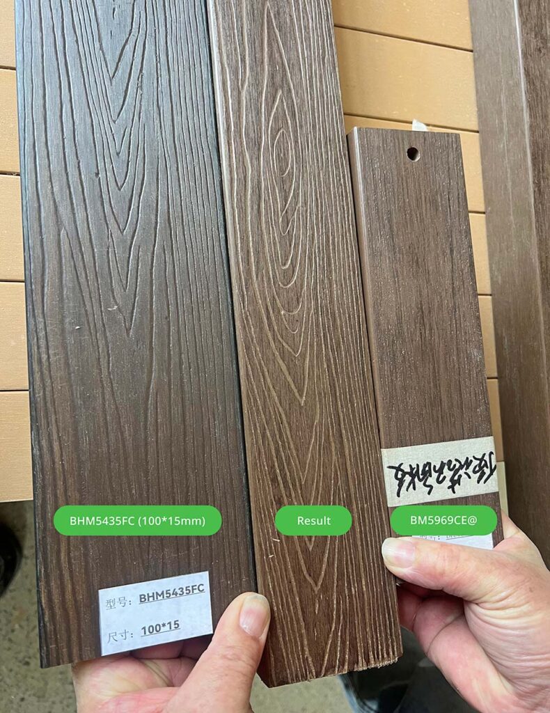 Customized WPC samples with different wood grain textures and colors for outdoor furniture